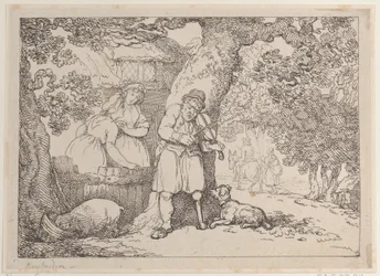 Fiddler, Sailor, Two Women and a Pig by a Cottage, 1816