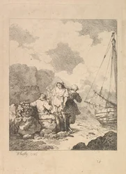 Fishermen by the Shore - Coastal Scene with a Man Sitting on Rocks and Smoking a Pipe, 1786