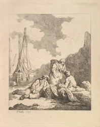 Fishermen by the Shore - Coastal Scene with a Man Sitting on the Ground Resting an Elbow on His Knee