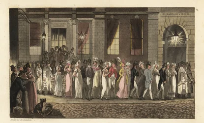 Johnny and Other Revellers Arrested by the Night Watchman after a Riotous Dance Party in Covent Garden Chambers. Handcoloured Copperplate Engraving by Thomas Rowlandson from William Combe