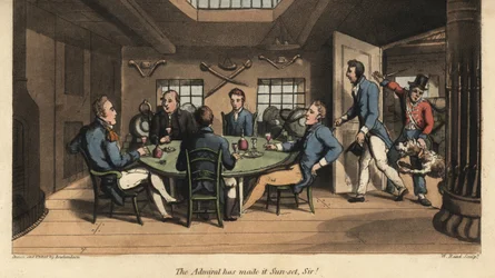 Johnny joins the captain in his cabin for drinks with the other officers. The admiral has made it sunset, sir! Handcoloured copperplate engraving by W. Read after an illustration by Thomas Rowlandson from Alfred Burton