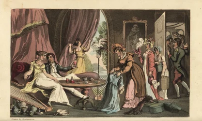 Johnny with a spendthrift: they lounge on a sofa drinking wine as a line of tradeswomen show dresses, hats and other finery. A servant closes the door on more sales people. On the floor are vases, a harp, hat boxes, etc.