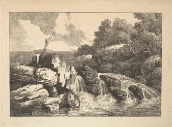 Landscape with Two Fishermen Climbing Rocks Next to a Waterfall