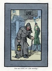 Night watchman with his lantern and stick, inattentive to two burglars entering a house behind him (1819). Wood engraving, based on a painting by Thomas Rowlandson (1756-1827)