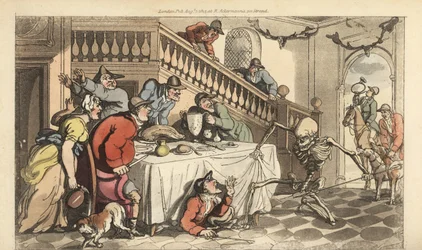 The skeleton of Death comes for a Hunter as he hides under a table after a fox hunt. Handcoloured copperplate drawn and engraved by Thomas Rowlandson from The English Dance of Death, Ackermann, London