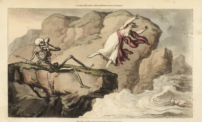 The Skeleton of Death Holds a Handkerchief to His Eye Socket as a Woman Commits Suicide off a Cliff to Join Her Drowned Lover. Handcoloured Copperplate Drawn and Engraved by Thomas Rowlandson from The English Dance of Death, Ackermann, London