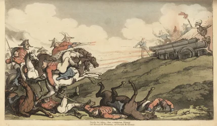 The skeleton of Death launches a barrage of cannon fire at an English cavalry charge
