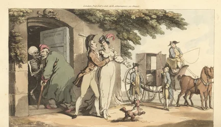 The skeleton of Death leads an old man into a mausoleum, leaving his young widow free to remarry