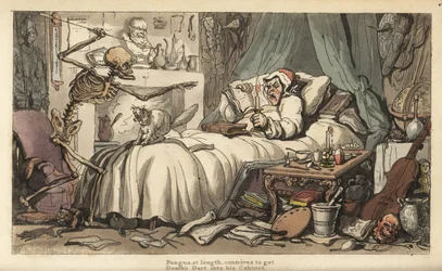 The Skeleton of Death with the Antiquarian Hoarder in a Bedroom Filled with Musical Instruments, Books, Manuscripts, Armour, a Globe, a Bust, Rats, etc. (Handcoloured Copperplate by Thomas Rowlandson)