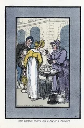 Woman selling pitchers, teapots and bowls at a street corner. An elegant young woman looks at the goods