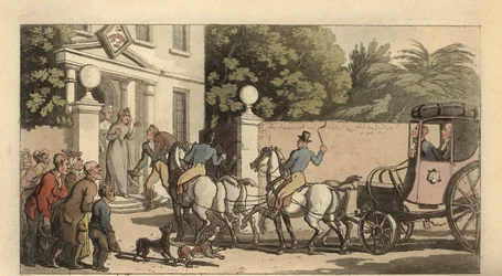 Young English gentleman arriving back home after the Grand Tour