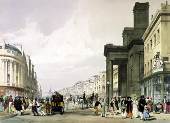 Regent Street looking towards the Quadrant with Hanover Chapel in the foreground and shoppers promenading