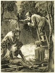 Robinson Crusoe and Friday Making a Tent to Lodge Friday’s Father and the Spaniard from The Life and Strange Surprising Adventures of Robinson Crusoe, or York, Mariner by Daniel Defoe