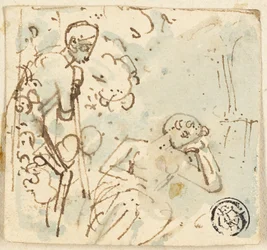 Sketch of Man Leaning on Staff, Looking at Sleeping Woman
