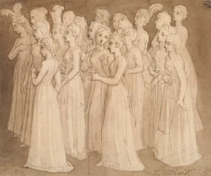 Twenty Young Girls in a Group Walking to the Left