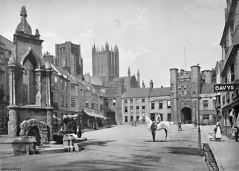 Market Place and Cathedral Towers, Wells, c1896