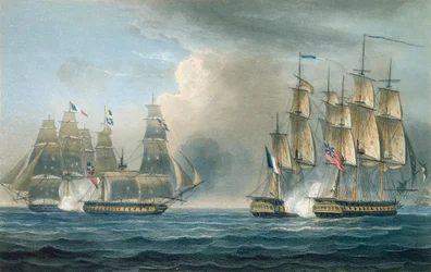 Capture of the Pomone by HMS Arethusa off Cuba in 1806, engraved by T. Sutherland for 