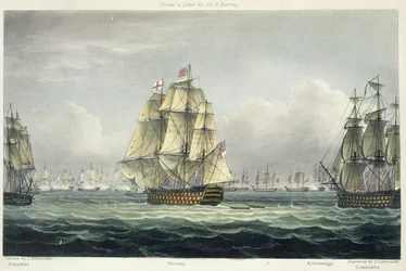 HMS Victory Sailing for the French Line Flanked by the Euryalus and HMS Temeraire at the Battle of Trafalgar, October 21st, 1805, engraved by T. Sutherland for 