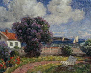 Coastal Landscape with Blooming Lilac Bush