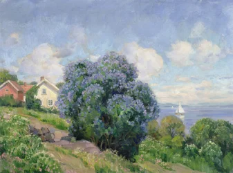 Summer landscape with lilac bush, house and sailing boat