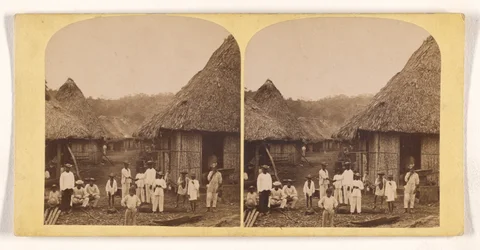 Native village huts with natives, Darien Expedition