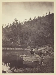 View on Apache Lake, Sierra Blanca Range, Arizona, Two Apache Scouts in the Foreground