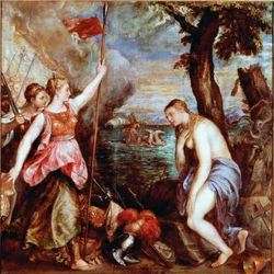 Spain to the aid of Religion: allegory of the victory of the troops of Pope Pius V (including Spain) over the fleet of the Ottoman Empire in the naval battle of Lepanto in 1571. A woman (religion) is saved by a warrior representing Spain. Painting