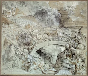 Wars of Italy: The Battle of Cadore - Battle that in circa 1508 the town of Pieve di Cadore allied with the Venetians with the troops of Maximilian I of Habsburg. Drawing with black stone and washing by Titian