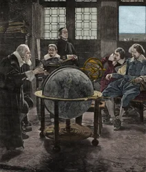 John Milton (1608-1674) visiting Galileo Galilei (Galilee), in his prison of the Inquisition in Arcetri, near Florence, in 1640. 19th-century engraving from a painting by T. Lessi.