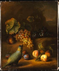 A Parrot with Grapes, Peaches and Plums in a Landscape