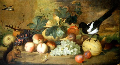 A Still Life of Fruit with a Magpie and a Red Squirrel