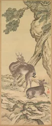 Symbols of Longevity: Deer under Peach and Pine