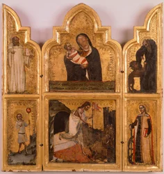 Wooden, Gold Polyptych with Virgin and Child, the Resurrection of Christ and Saints