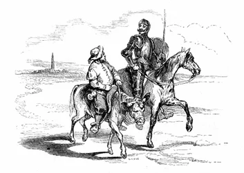 Don Quixote rides on his horse Rocinante with his faithful squire Sancho Panza on his donkey. Illustration of Cervantes
