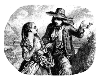 Two lovers by the water with a boat in the distance (detail)