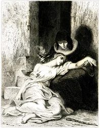Young woman visibly suffering (sick) slamed on the knees of an older woman who makes her take a potion (medicine) (etching)