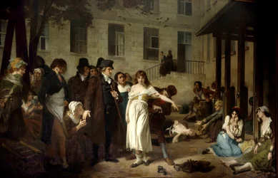 Doctor Philippe Pinel (1745-1826) liberating people with mental illness from their chains in 1795 at the Salpêtrière Hospital in Paris. Painting by Tony Robert-Fleury (1837-1912), 19th century, Paris, Salpêtrière Hospital