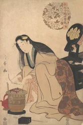 Lady Arranging Binsashi Support for the Hair over the Temples to put in Her Hair, ca. 1808
