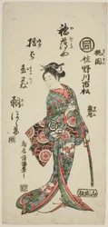 The Actor Sanogawa Ichimatsu I as Momozono in the play "Katakiuchi Mogami no Inabune," performed at the Ichimura Theater in July, 1759