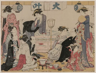 Entertainment on a Balcony by the Water at Nakasu, from the series, A Collection of Beautiful Modern Women of the Pleasure Quarters