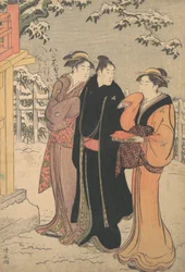 Man in a Black Haori Coat and Two Women Approaching a Temple.