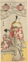 The Actors Ichikawa Monnosuke II and Segawa Kikunojo III, from a pentaptych of eleven actors celebrating the festival of the shrine of the Soga brothers