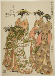 The Courtesan Toji of the Ogiya with Her Attendants Satoji and Uraji, from the series "Models for Fashion: New Designs as Fresh as Young Leaves"