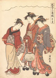 Two Geisha Preceded by a Maid Carrying a Lantern