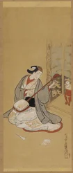 An Actor in Female Dress Stringing a Samisen