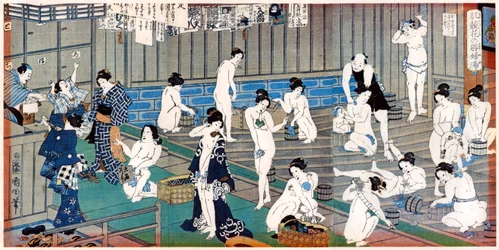 Bath house scene, a print by Toyohara Kunichika