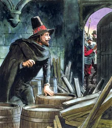 Guy Fawkes, caught in the act of preparing the Gunpowder Plot, 1605