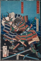 Konda Teihachirō Tadakazu and Makara Jūrōzaemon Naozumi Grappling by the Water