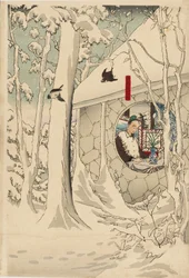 Woodblock Print Triptych - Gentoku Visiting Komei in His Retreat, in a Snowstorm, Late 19th Century