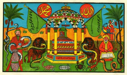 Representation of the Tomb of Ahmad ar-Rifai, creator of the Muslim jam of Rifaiya in the 12th century. Popular imagery, Tunisia